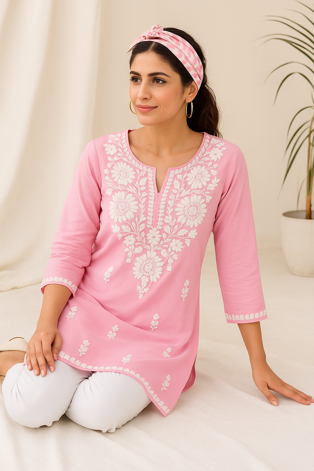 Light Pink Rayon Kurti with Elegant White Embroidery – Side Cut | Casual & Festive Wear