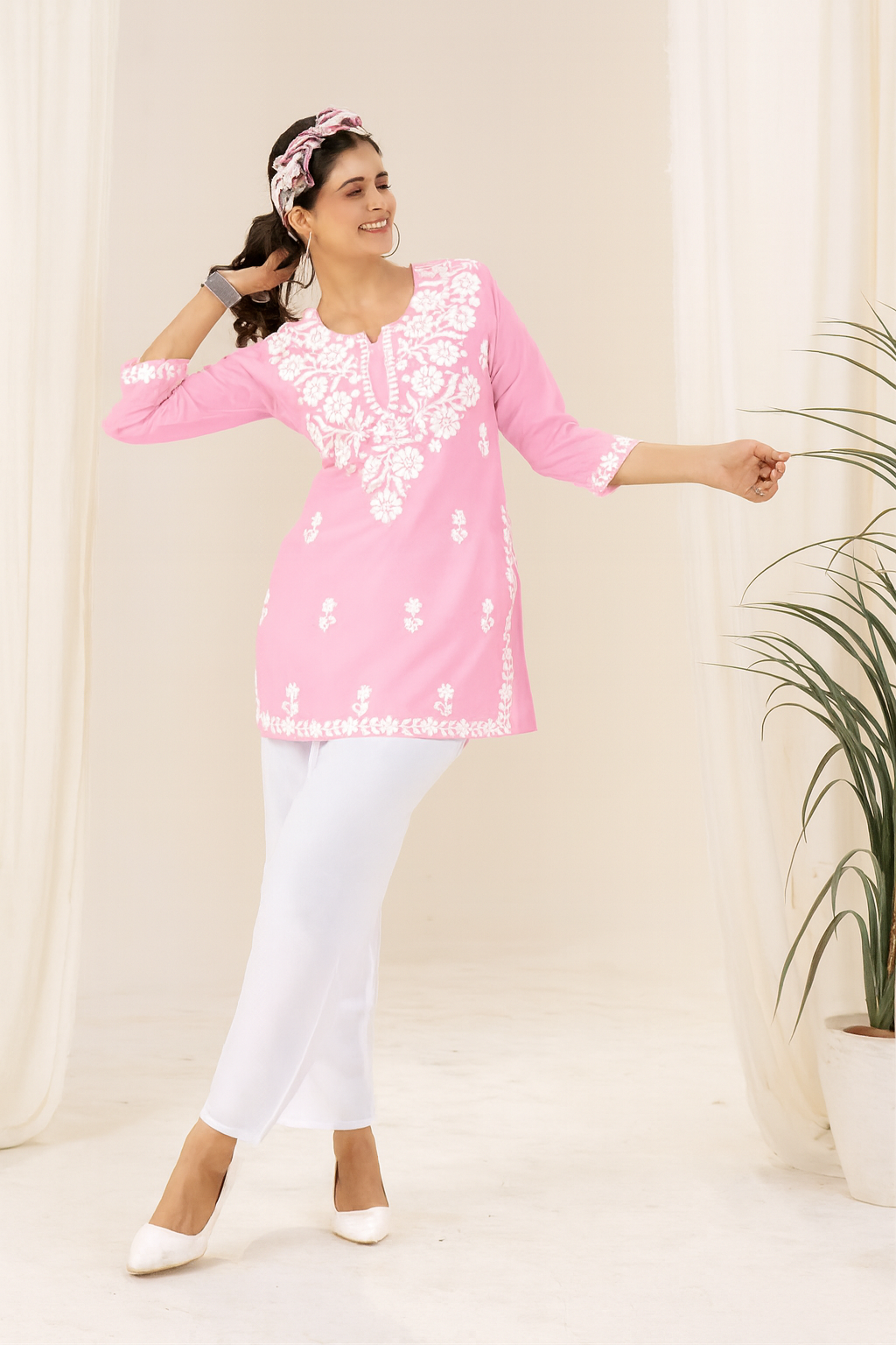 Light Pink Rayon Kurti with Elegant White Embroidery – Side Cut | Casual & Festive Wear
