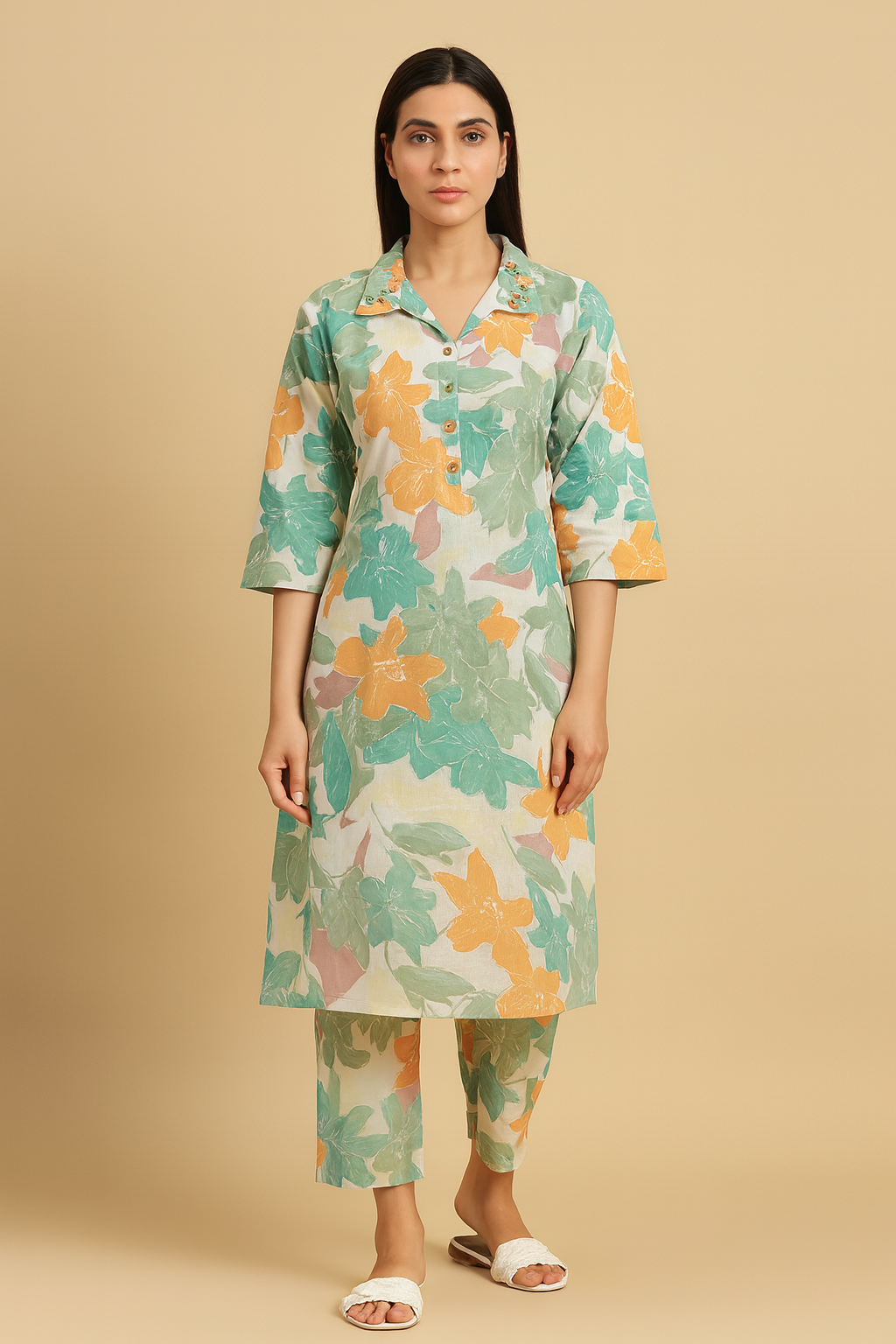Women’s Green & Orange Floral Print Coord Set – Collar Neck Kurta with Pants
