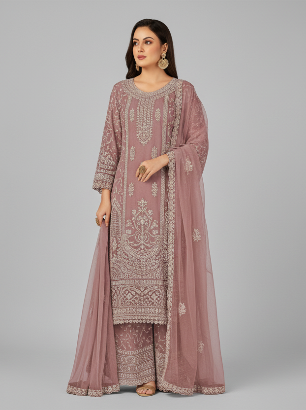 Elegant Mauve Net Embroidered Palazzo Suit with Dupatta – Festive & Wedding Wear