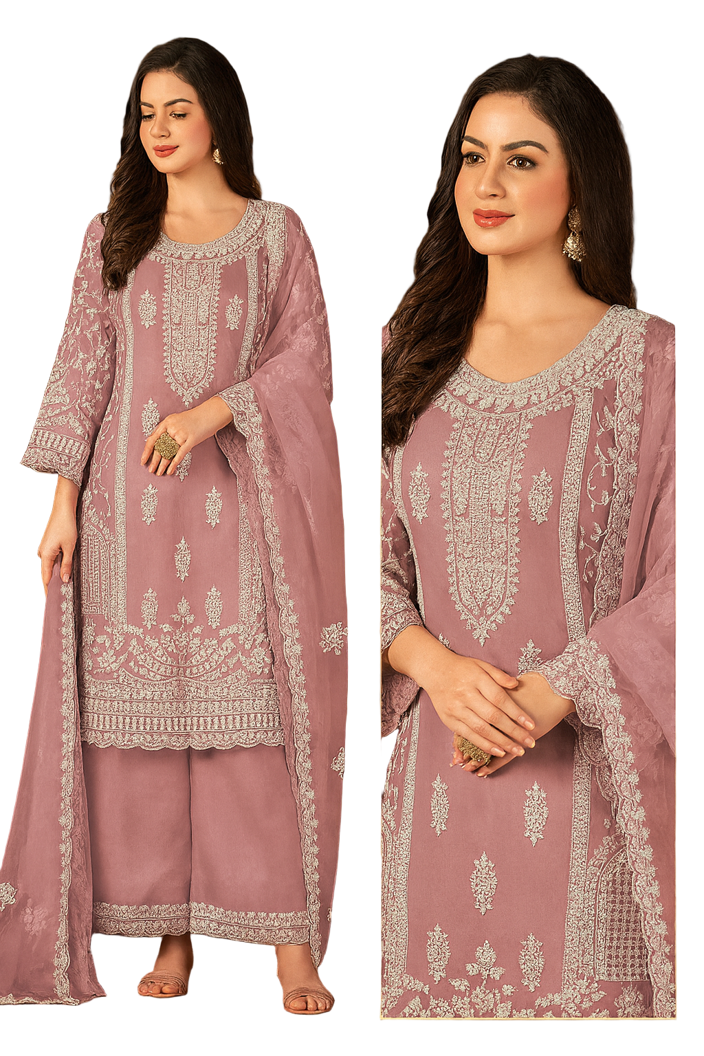 Elegant Mauve Net Embroidered Palazzo Suit with Dupatta – Festive & Wedding Wear