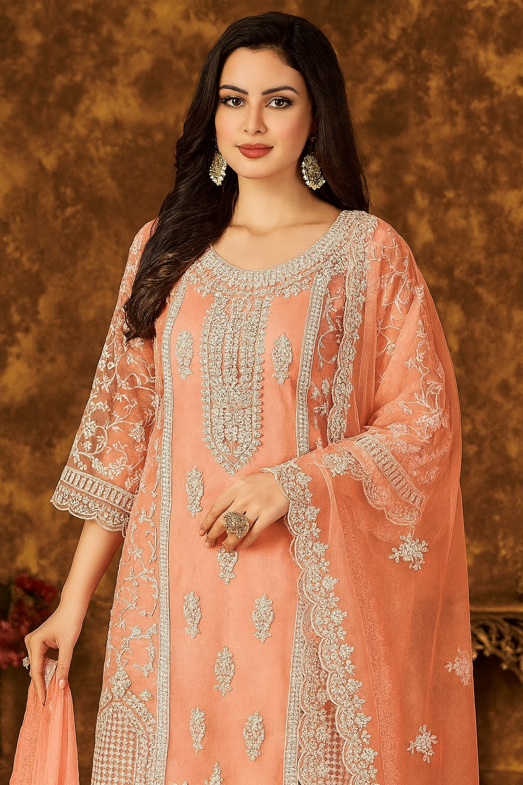 Elegant Peach Net Embroidered Suit with Palazzo & Dupatta – Festive & Wedding Wear