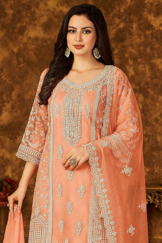 Elegant Peach Net Embroidered Suit with Palazzo & Dupatta – Festive & Wedding Wear