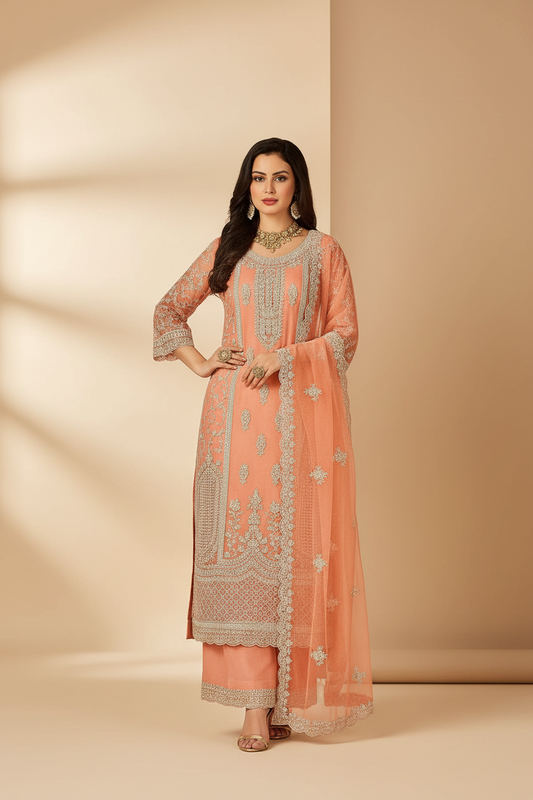 Elegant Peach Net Embroidered Suit with Palazzo & Dupatta – Festive & Wedding Wear