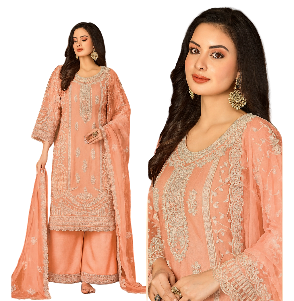 Elegant Peach Net Embroidered Suit with Palazzo & Dupatta – Festive & Wedding Wear