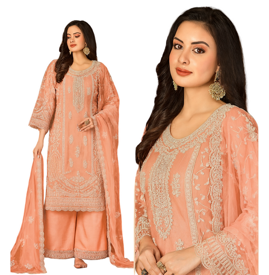 Elegant Peach Net Embroidered Suit with Palazzo & Dupatta – Festive & Wedding Wear