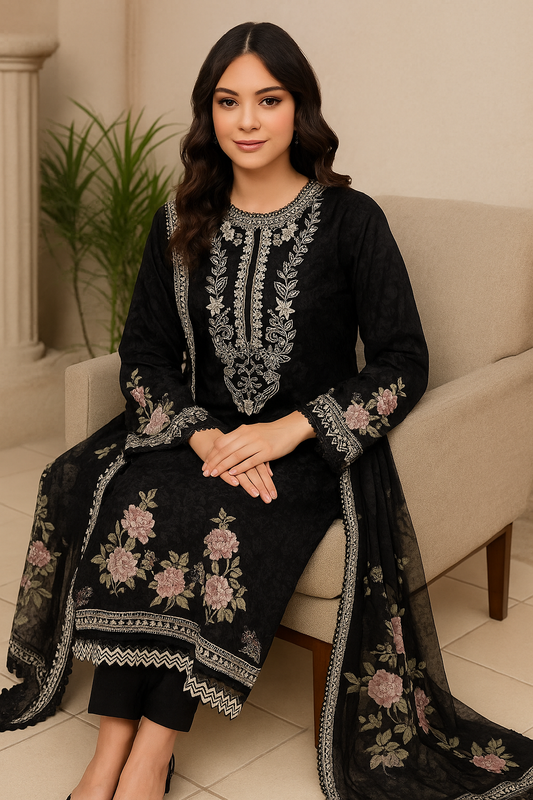 Elegant Black Floral Embroidered Unstitched Suit Set with Cotton Dupatta