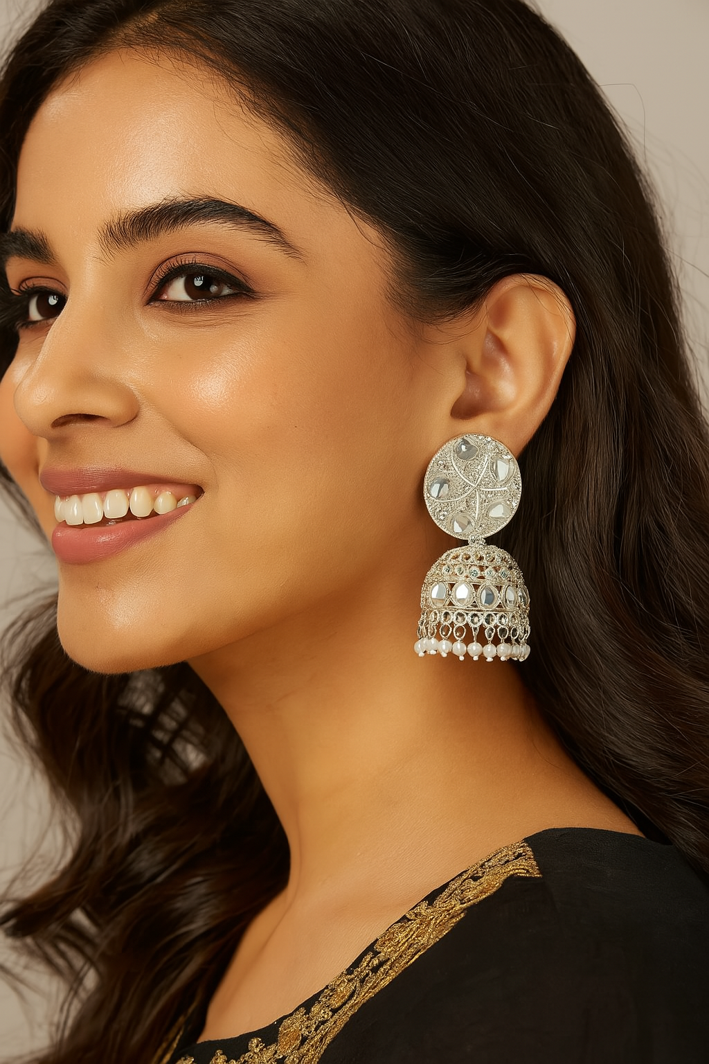 Elegant Silver Mirror Work Jhumka Earrings with Pearl Detailing – Traditional Ethnic Statement Jewelry