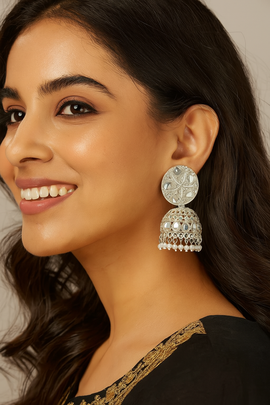 Elegant Silver Mirror Work Jhumka Earrings with Pearl Detailing – Traditional Ethnic Statement Jewelry