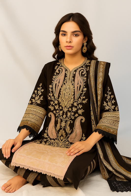 Elegant Embroidered Black & Beige Unstitched Suit with MAL MAL DUPATTA – Festive Ready