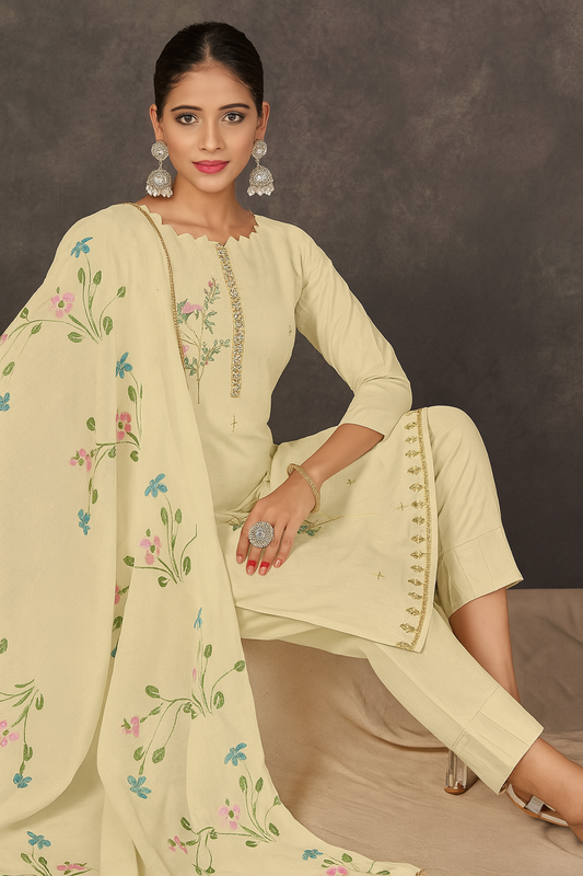 Beige Lawn Unstitched Cotton Suit Set with Hand Brush Print & Embroidered Dupatta
