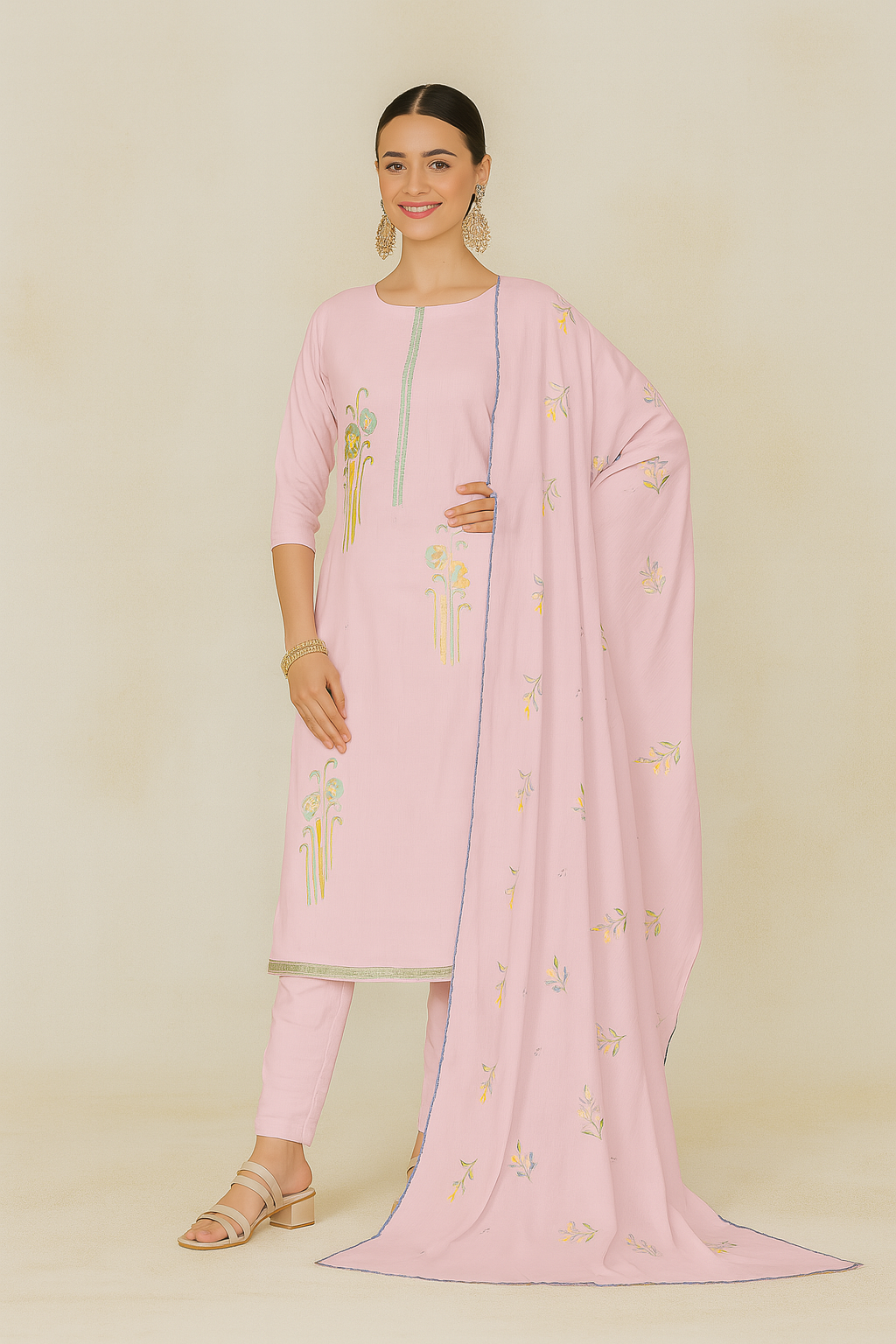 Elegant Light Pink Embroidered Lawn Suit with Hand Brush Print & Lace Dupatta