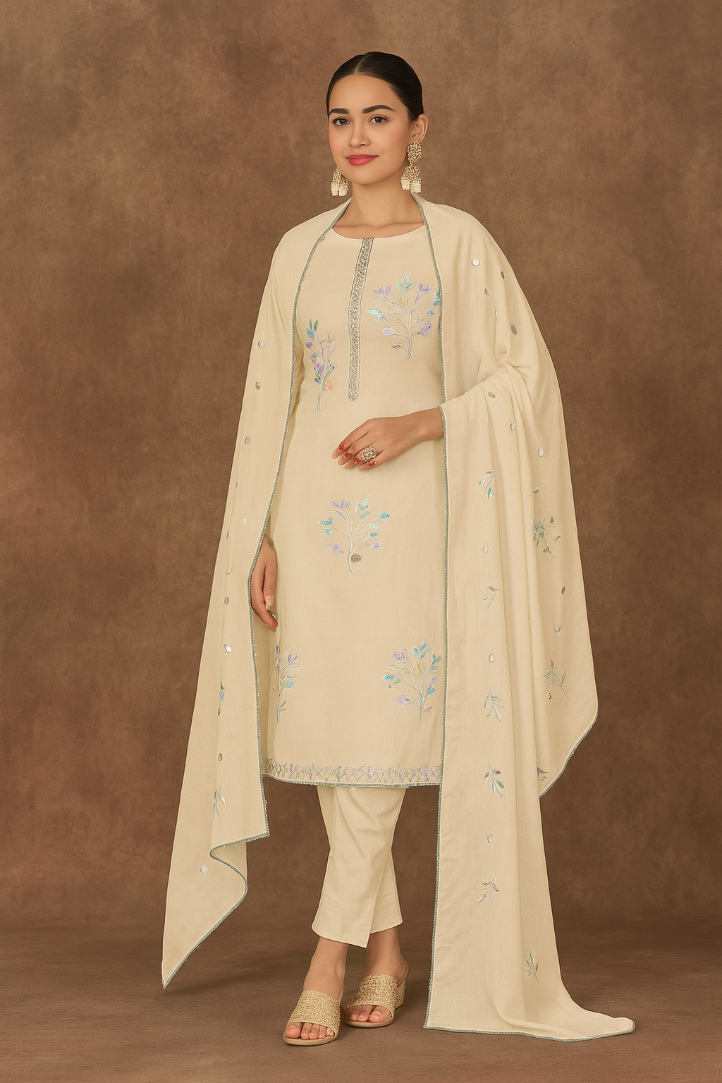 Beige Lawn Cotton Suit Set with Hand Brush Print & Embroidered – Elegant Unstitched Dress Material