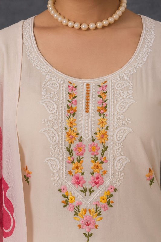Elegant Cream Unstitched Rayon Embroidered Suit Set with Floral Printed Dupatta