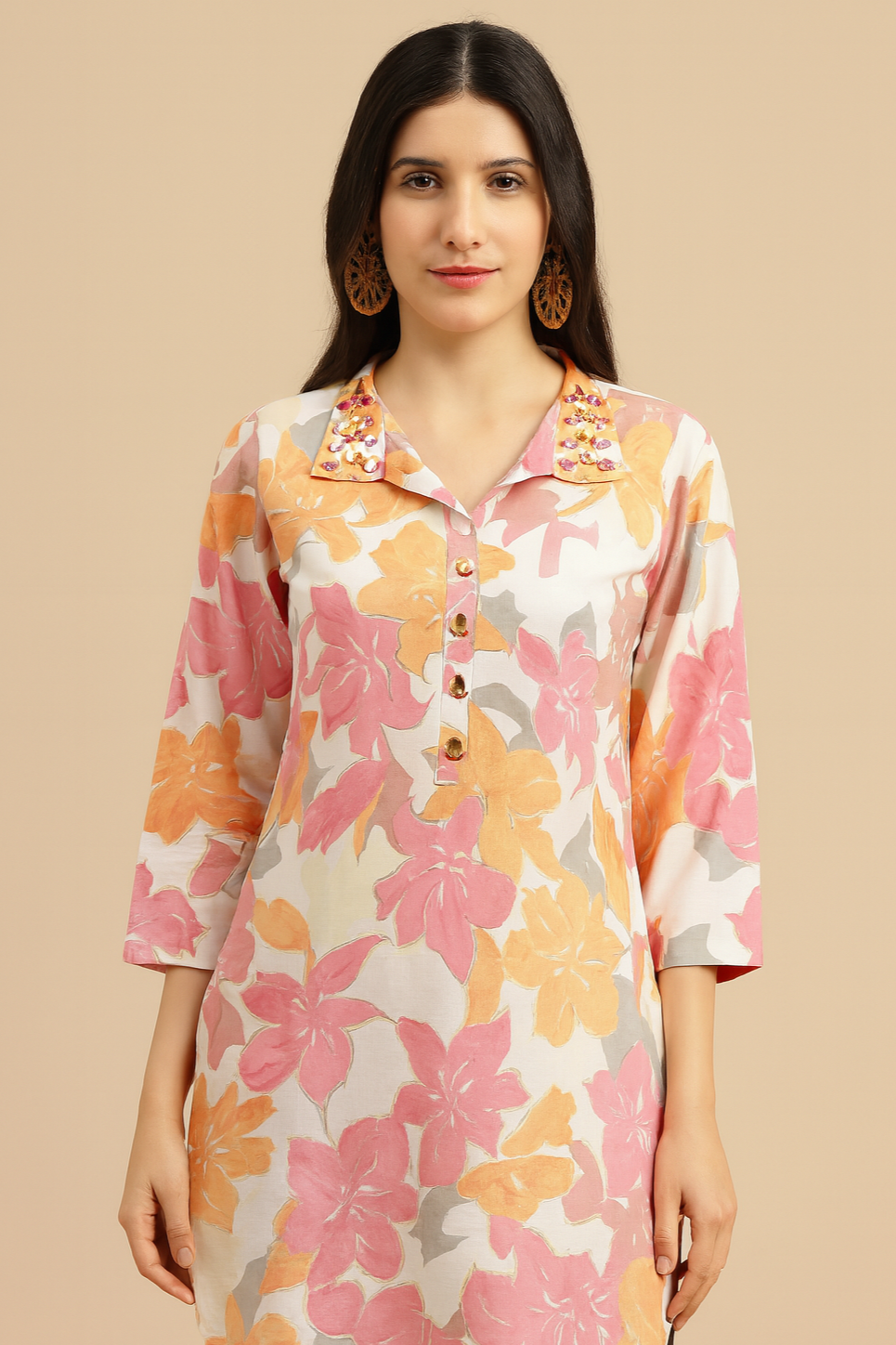 Women's Floral Printed Cotton Coord Set ā Mandarin Collar Kurta with Matching Pants