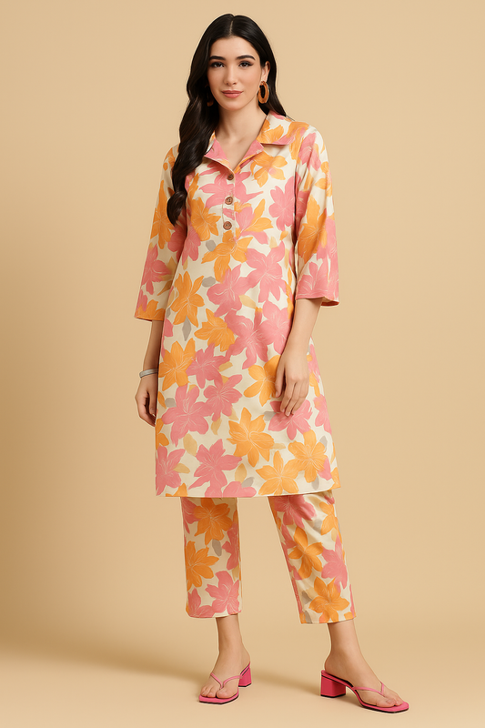 Women's Floral Printed Cotton Coord Set – Mandarin Collar Kurta with Matching Pants