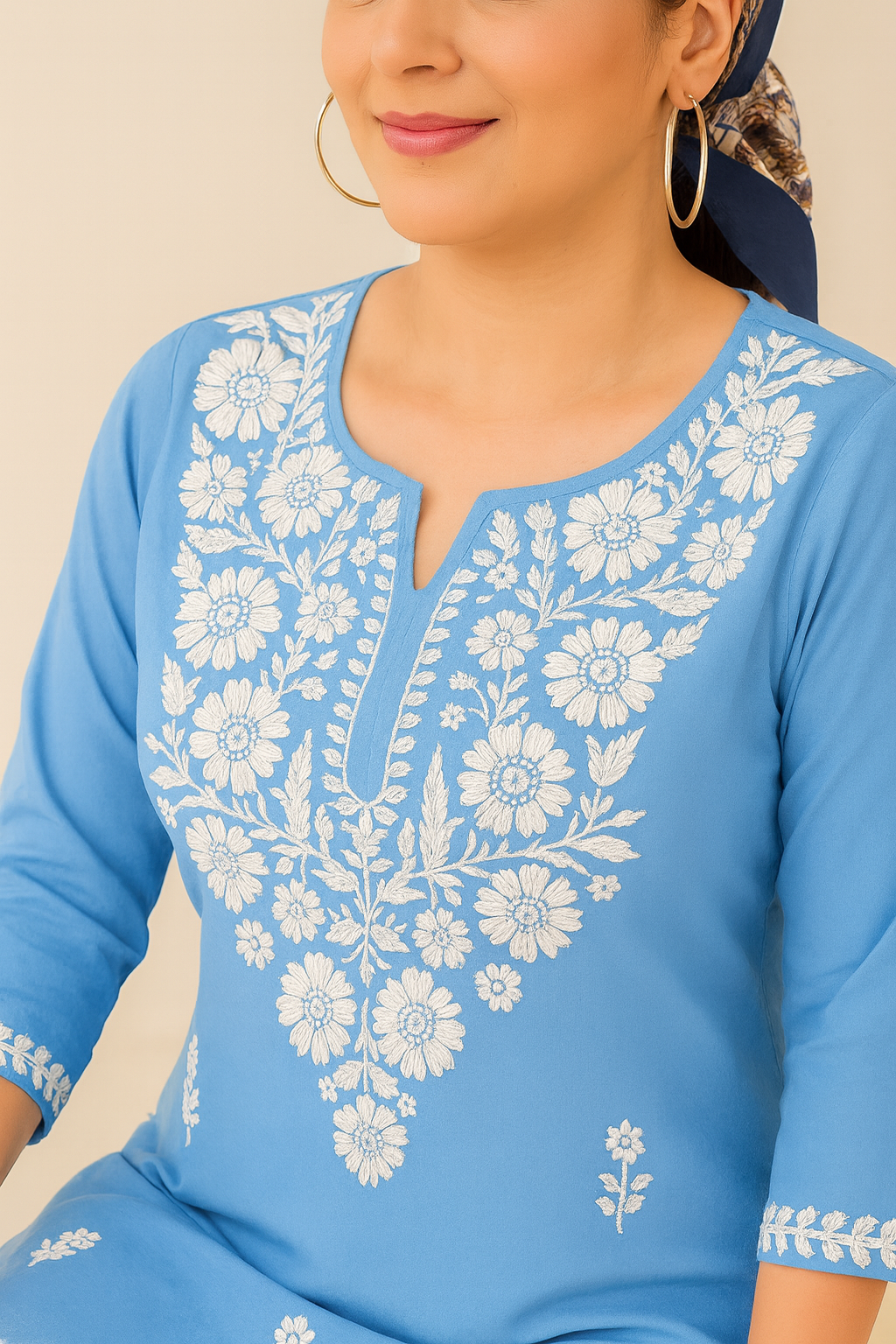 Sky Blue Rayon Embroidered Kurti Set for Women | Side Cut Short Kurti with White Thread Work