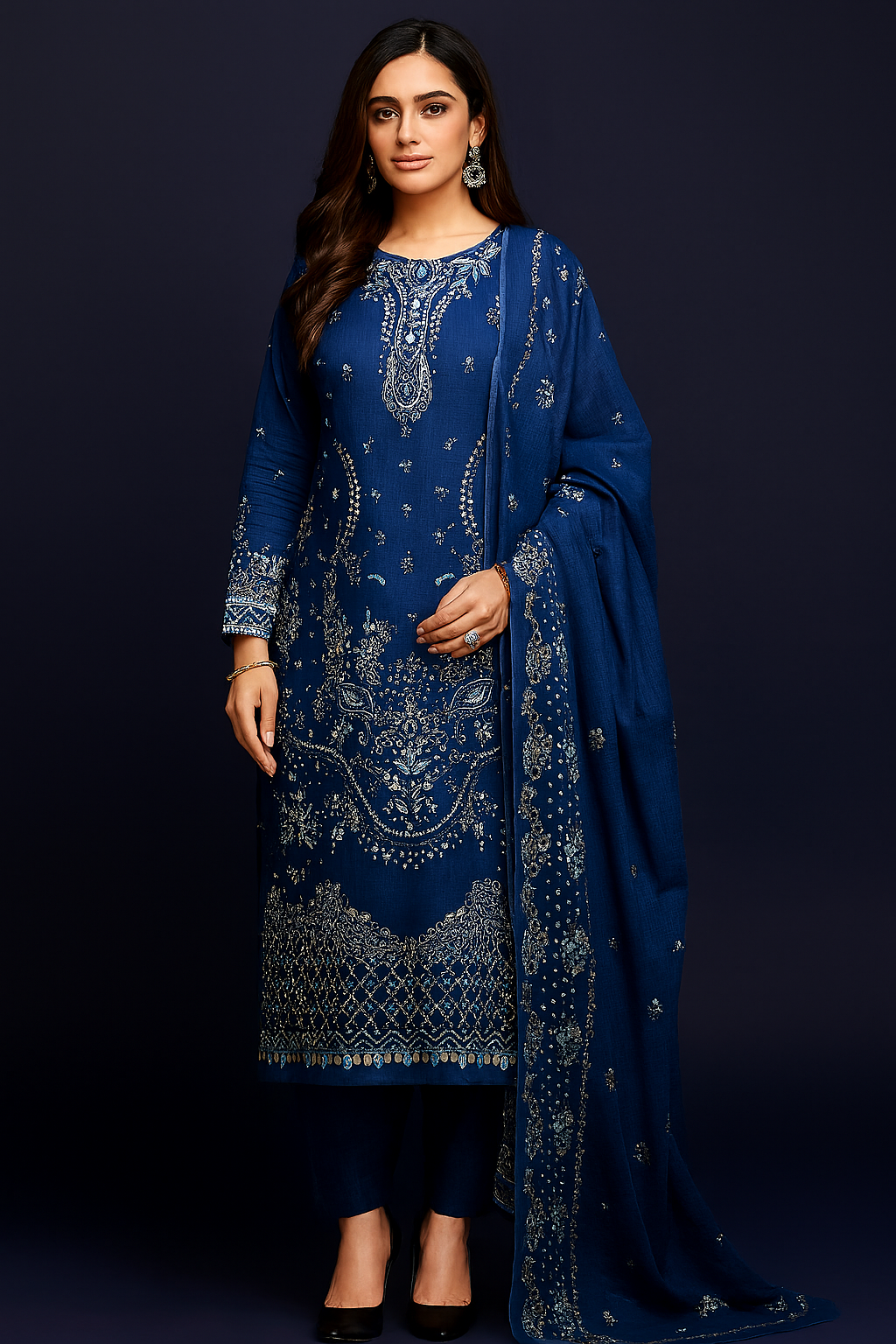 Elegant Blue Cotton Printed Salwar Kameez Set – Traditional Floral Embroidery Design