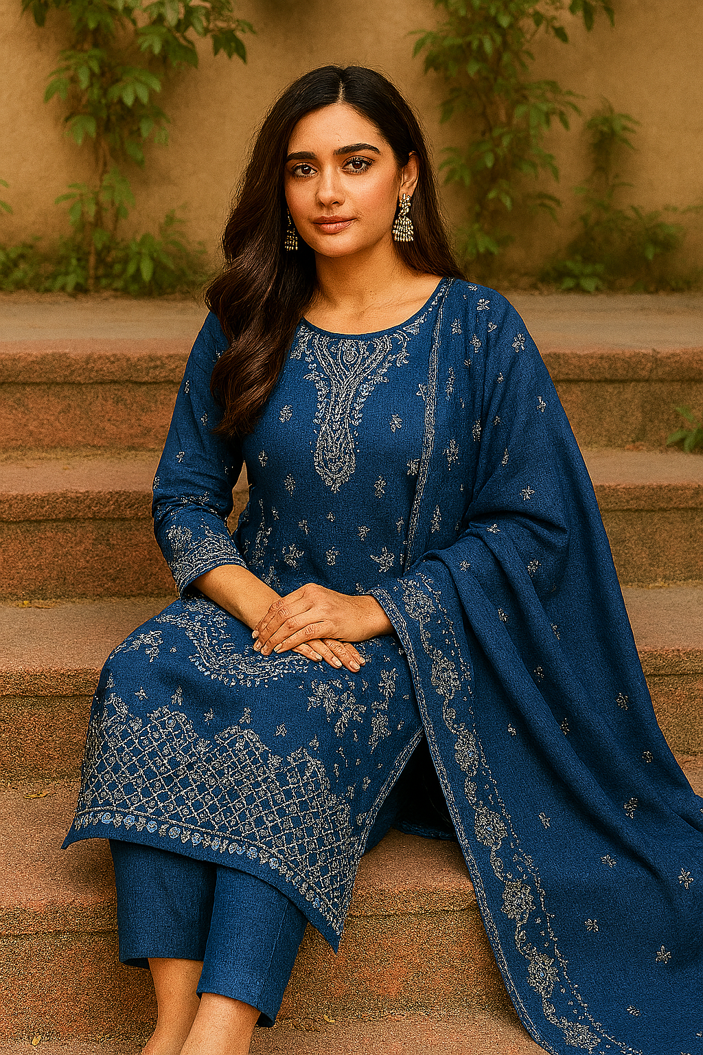 Elegant Blue Cotton Printed Salwar Kameez Set – Traditional Floral Embroidery Design