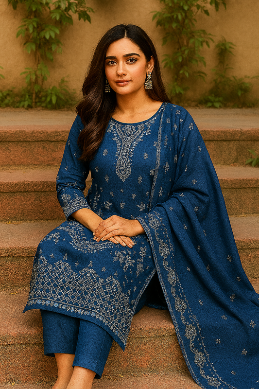 Elegant Blue Cotton Printed Salwar Kameez Set – Traditional Floral Embroidery Design