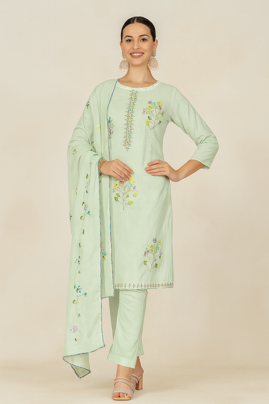 Mint Green Lawn Cotton Suit Set with Embroidery & Hand Brush Print Dupatta