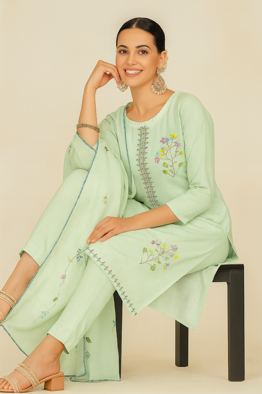 Mint Green Lawn Cotton Suit Set with Embroidery & Hand Brush Print Dupatta