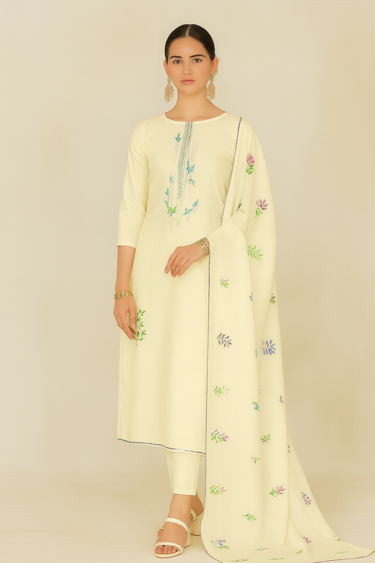 Off-White Lawn Cotton Suit Set with Hand Brush Print Dupatta & Embroidery