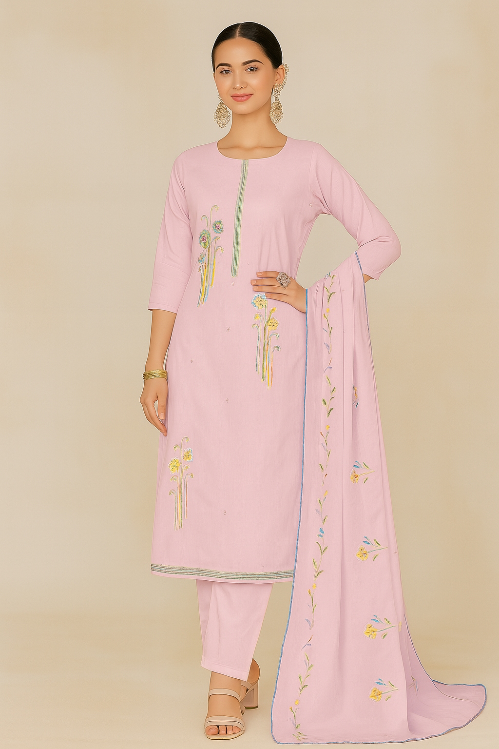 Elegant Light Pink Embroidered Lawn Suit with Hand Brush Print & Lace Dupatta