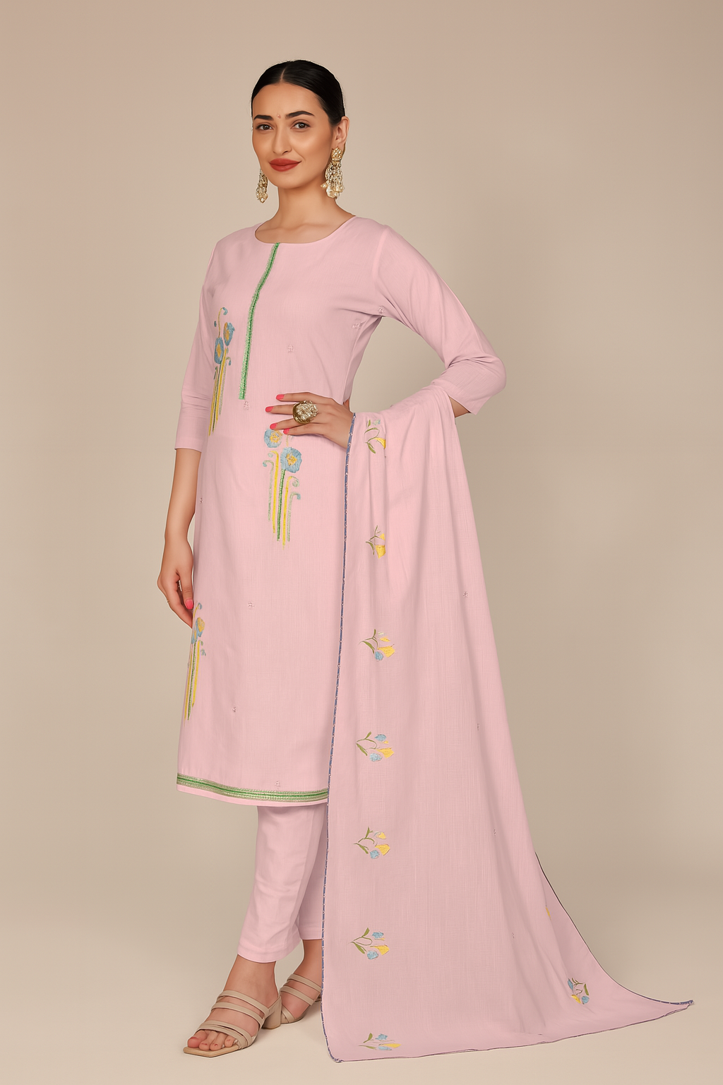 Elegant Light Pink Embroidered Lawn Suit with Hand Brush Print & Lace Dupatta