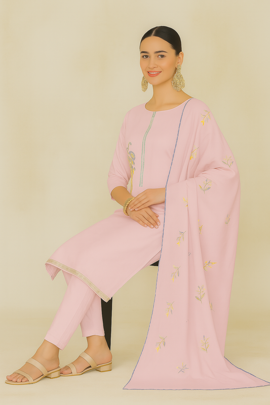 Elegant Light Pink Embroidered Lawn Suit with Hand Brush Print & Lace Dupatta