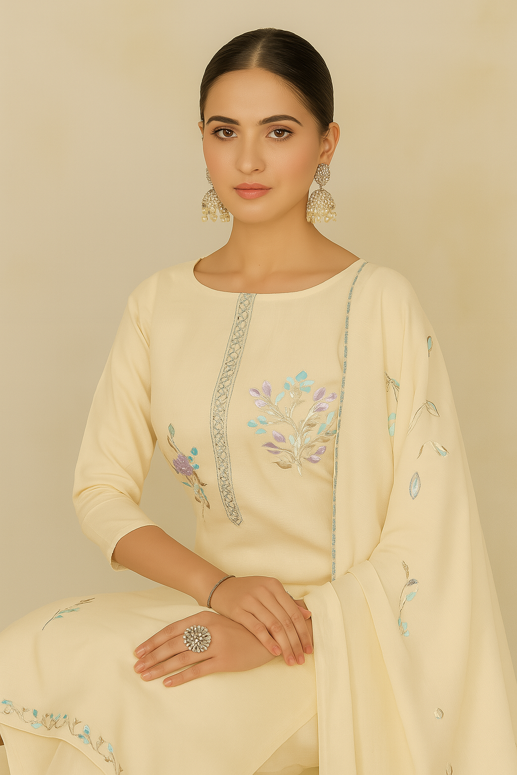 Beige Lawn Cotton Suit Set with Hand Brush Print & Embroidered – Elegant Unstitched Dress Material