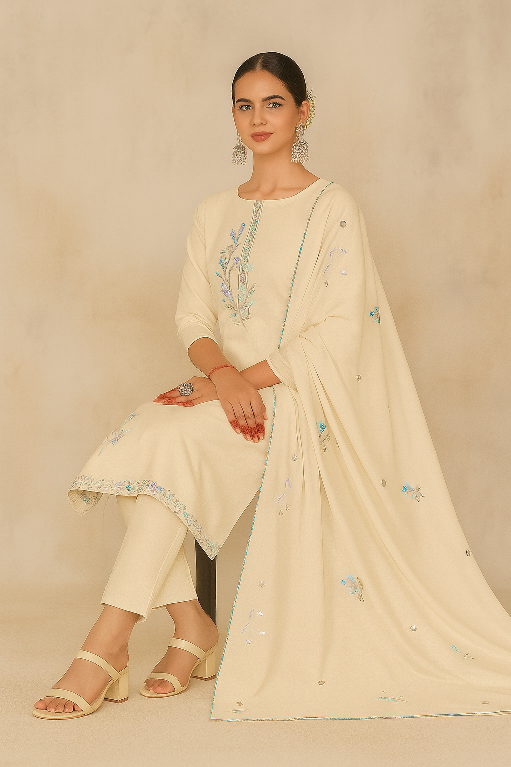 Beige Lawn Cotton Suit Set with Hand Brush Print & Embroidered – Elegant Unstitched Dress Material