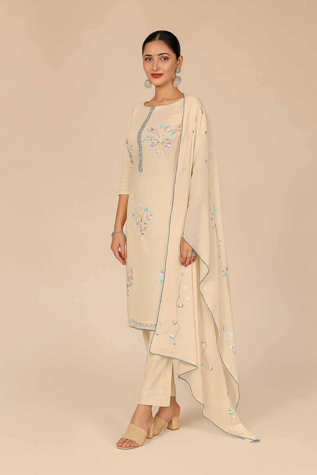 Beige Lawn Cotton Suit Set with Hand Brush Print & Embroidered – Elegant Unstitched Dress Material