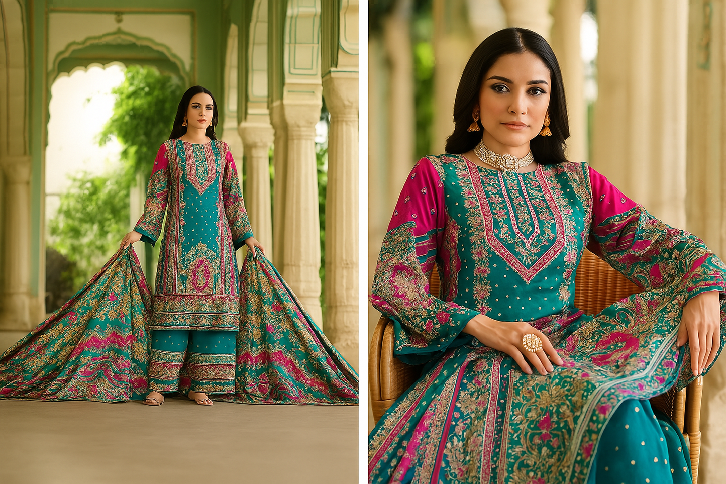 Teal Blue Unstitched Cotton Suit with Zarkan Work & Printed Mal Mal Dupatta