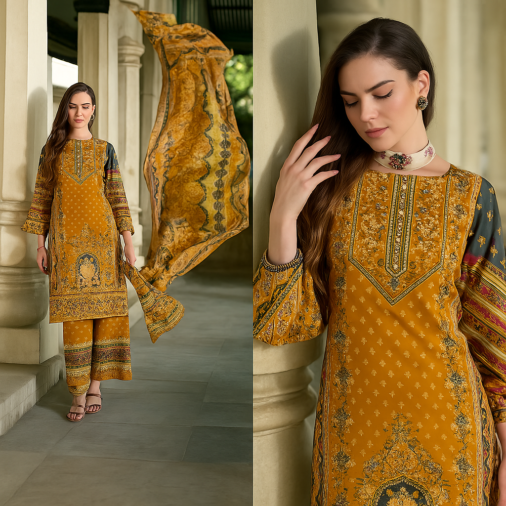 Elegant Soft Cotton Salwar Suit with Digital Print & Zarkan Handwork – 3-Piece Set