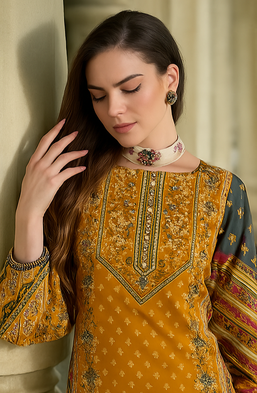 Elegant Soft Cotton Salwar Suit with Digital Print & Zarkan Handwork – 3-Piece Set