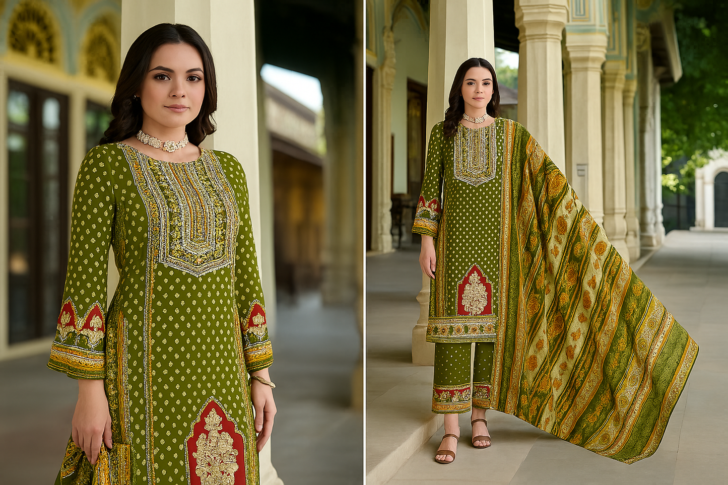 Olive Green Cotton Suit with Zarkan Work – Unstitched Premium Ethnic Wear