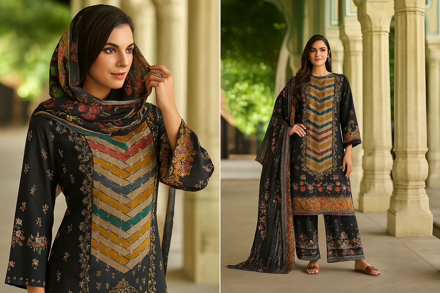 Elegant Black Unstitched Suit Set with Zarkan Hand Embroidery & Printed Dupatta