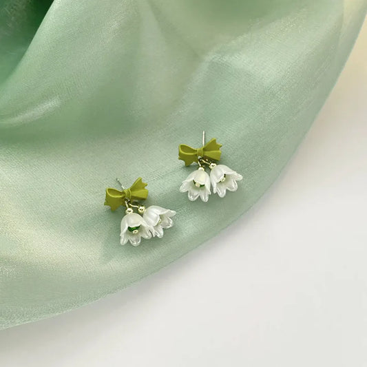 White Lily Drop Earrings with Green Bow | Cute Floral Studs for Girls & Women