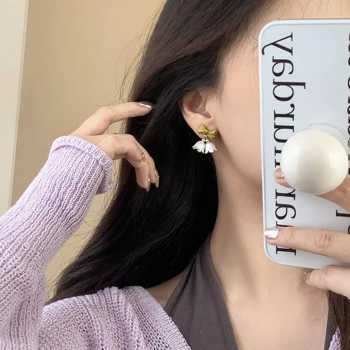 White Lily Drop Earrings with Green Bow | Cute Floral Studs for Girls & Women