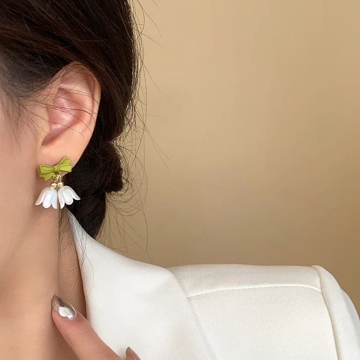 White Lily Drop Earrings with Green Bow | Cute Floral Studs for Girls & Women
