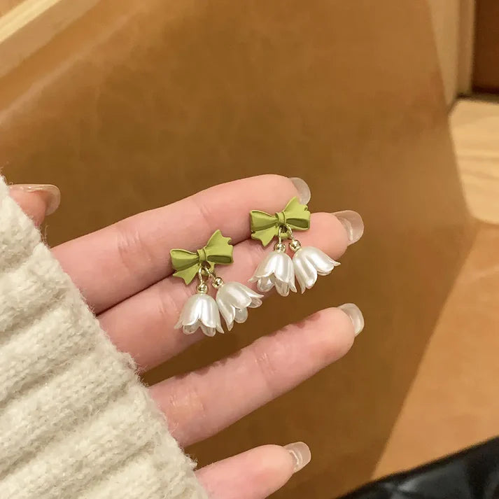 White Lily Drop Earrings with Green Bow | Cute Floral Studs for Girls & Women