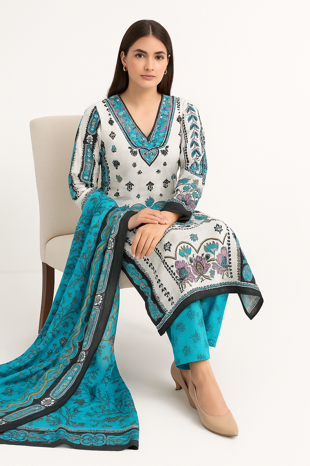 Elegant Digital Cotton Printed Suit in White & Turquoise - Unstitched 3-Piece Set