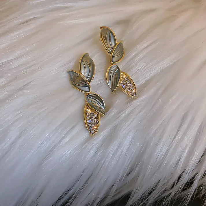 Elegant Leaf Drop Earrings with Crystal Detailing | Gold-Tone Fashion Jewelry for Women