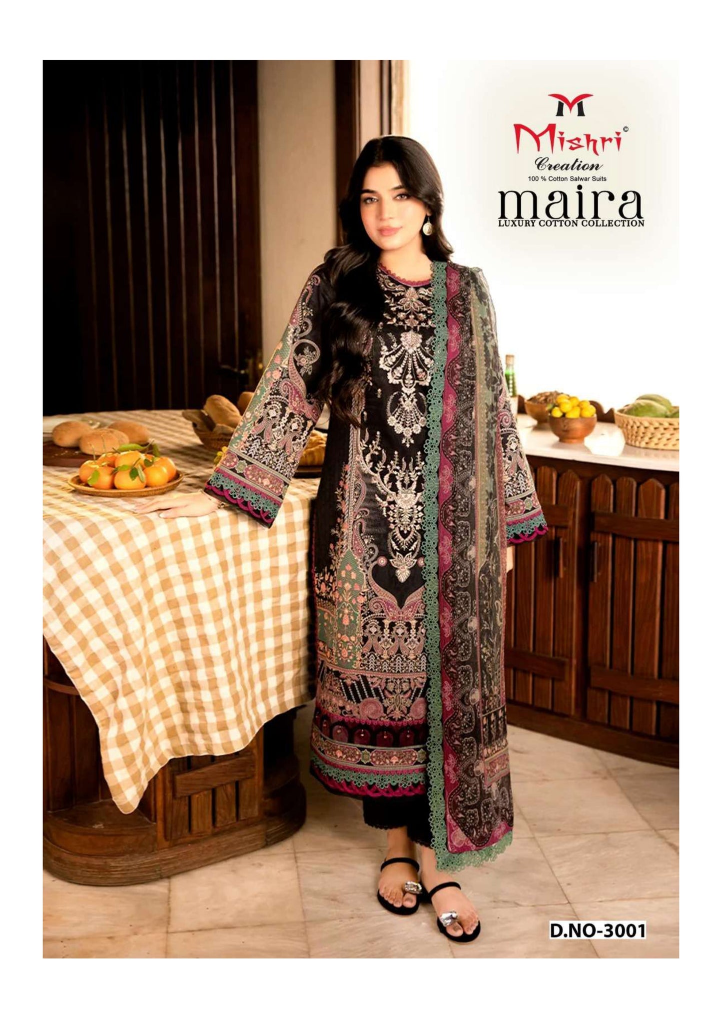 Luxury Cotton Unstiched Printed Salwar Suit – 100% Pure Cotton | Elegant Black & Pink Motif
