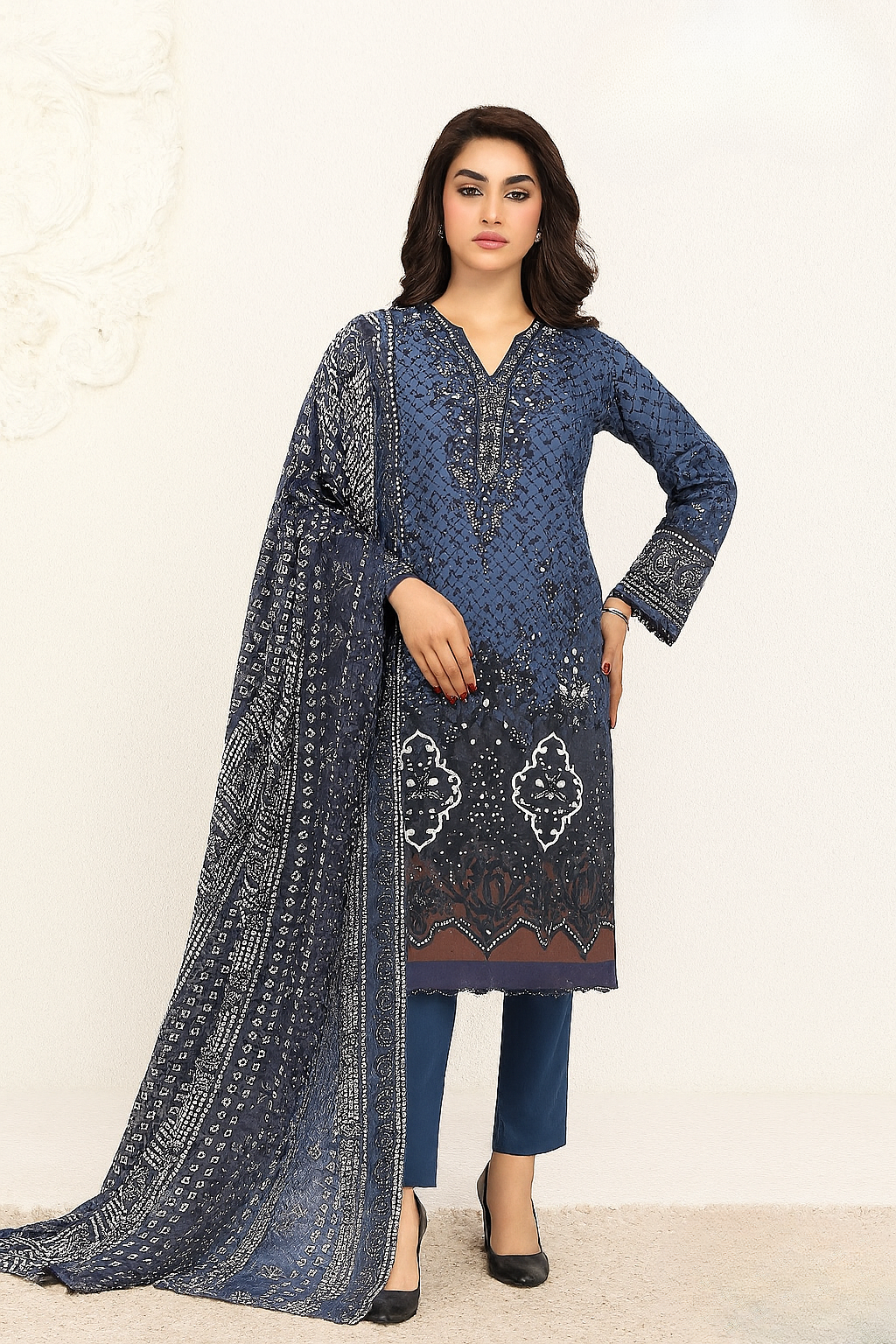 Elegant Slate Blue Printed Cotton Salwar Suit Set for Women – Unstitched Top, Bottom & Dupatta