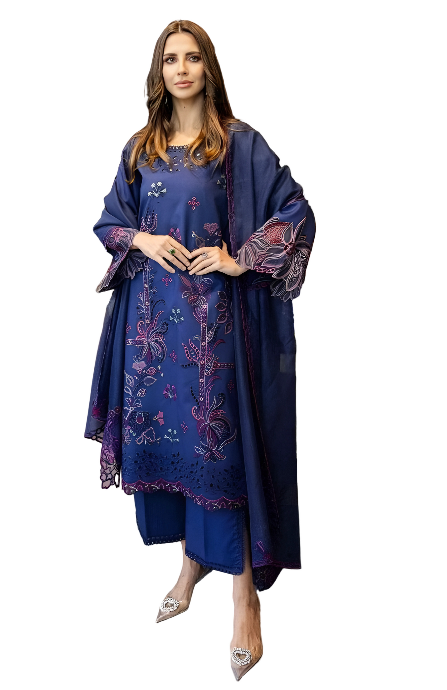 Navy Blue Embroidered Cambric Cotton Suit Set with Dupatta (Unstitched 3 Piece Pakistani Style)