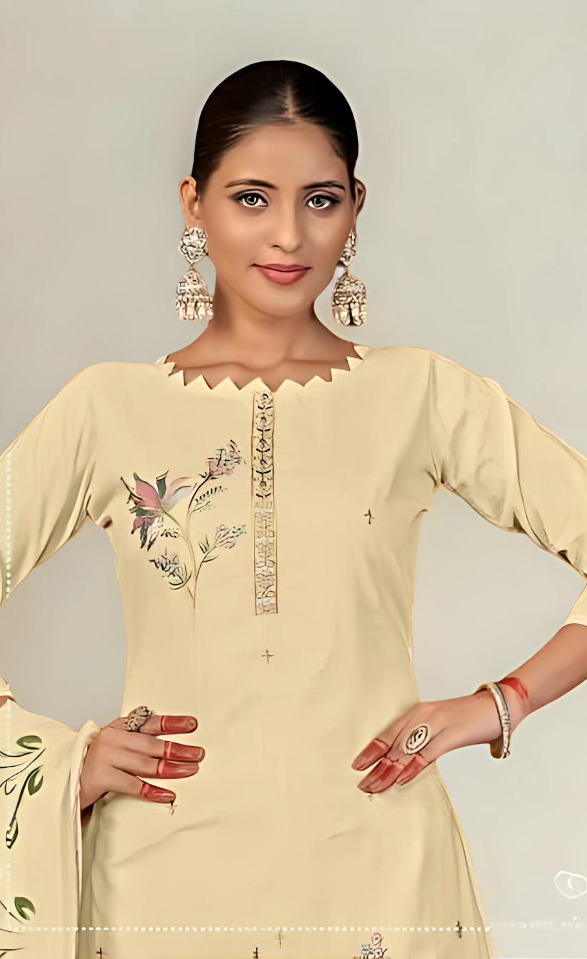 Beige Lawn Unstitched Cotton Suit Set with Hand Brush Print & Embroidered Dupatta