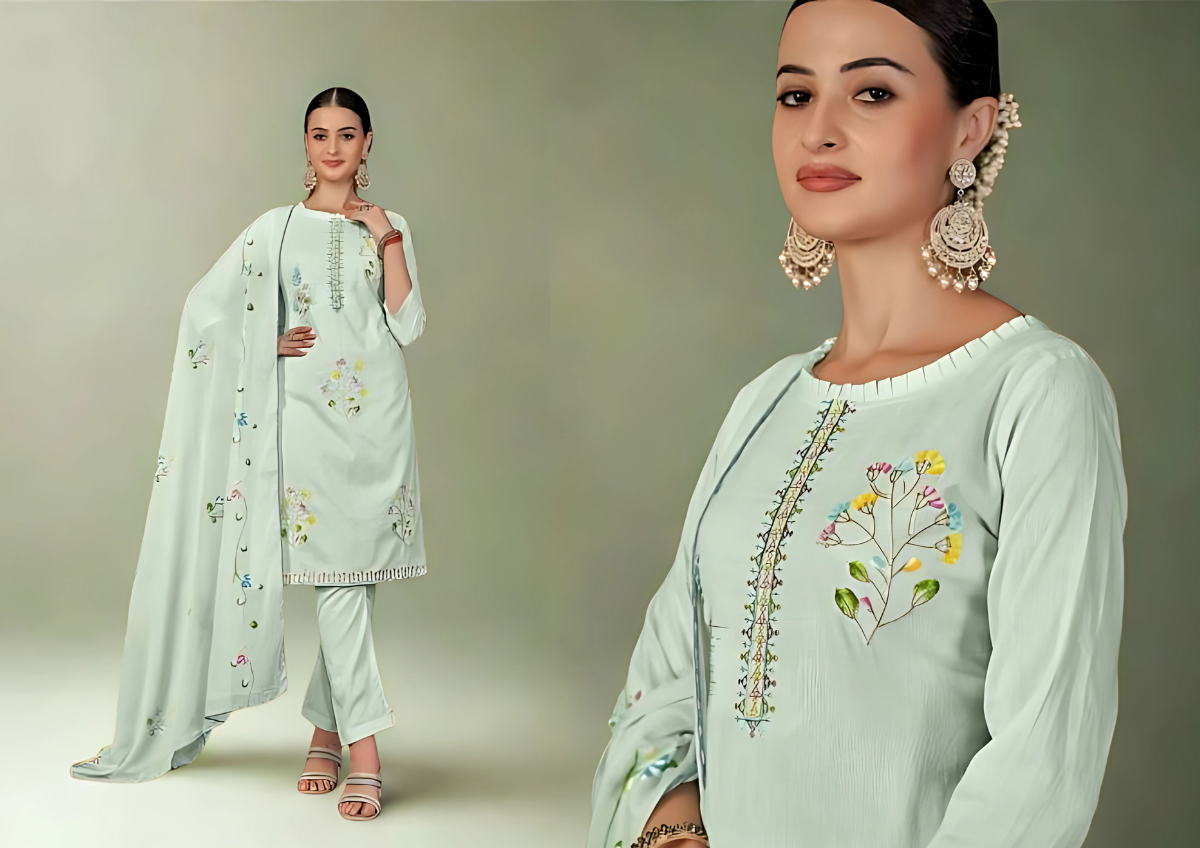 Mint Green Lawn Cotton Suit Set with Embroidery & Hand Brush Print Dupatta