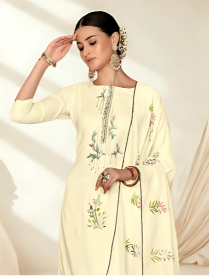 Off-White Lawn Cotton Suit Set with Hand Brush Print Dupatta & Embroidery